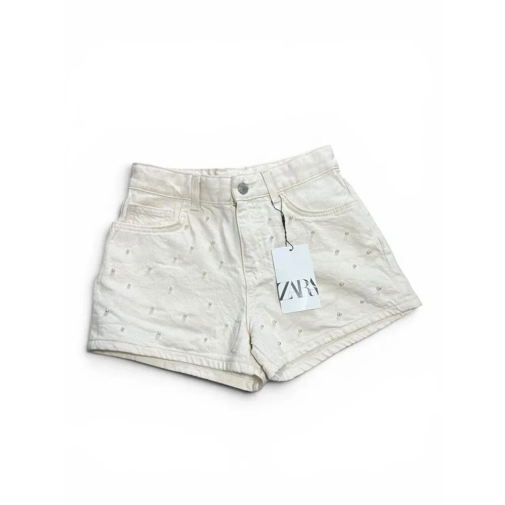 NWT Zara Cream Pearl Studded White Denim Shorts‎ | Girls Size 12